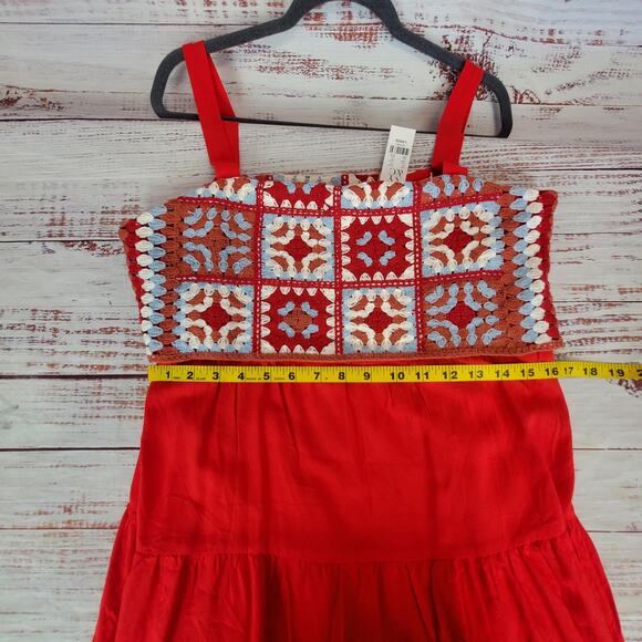 New York & Company L Cottage Ruffle Tier Dress Red Multi Crochet Top Flare Skirt - Picture 13 of 16